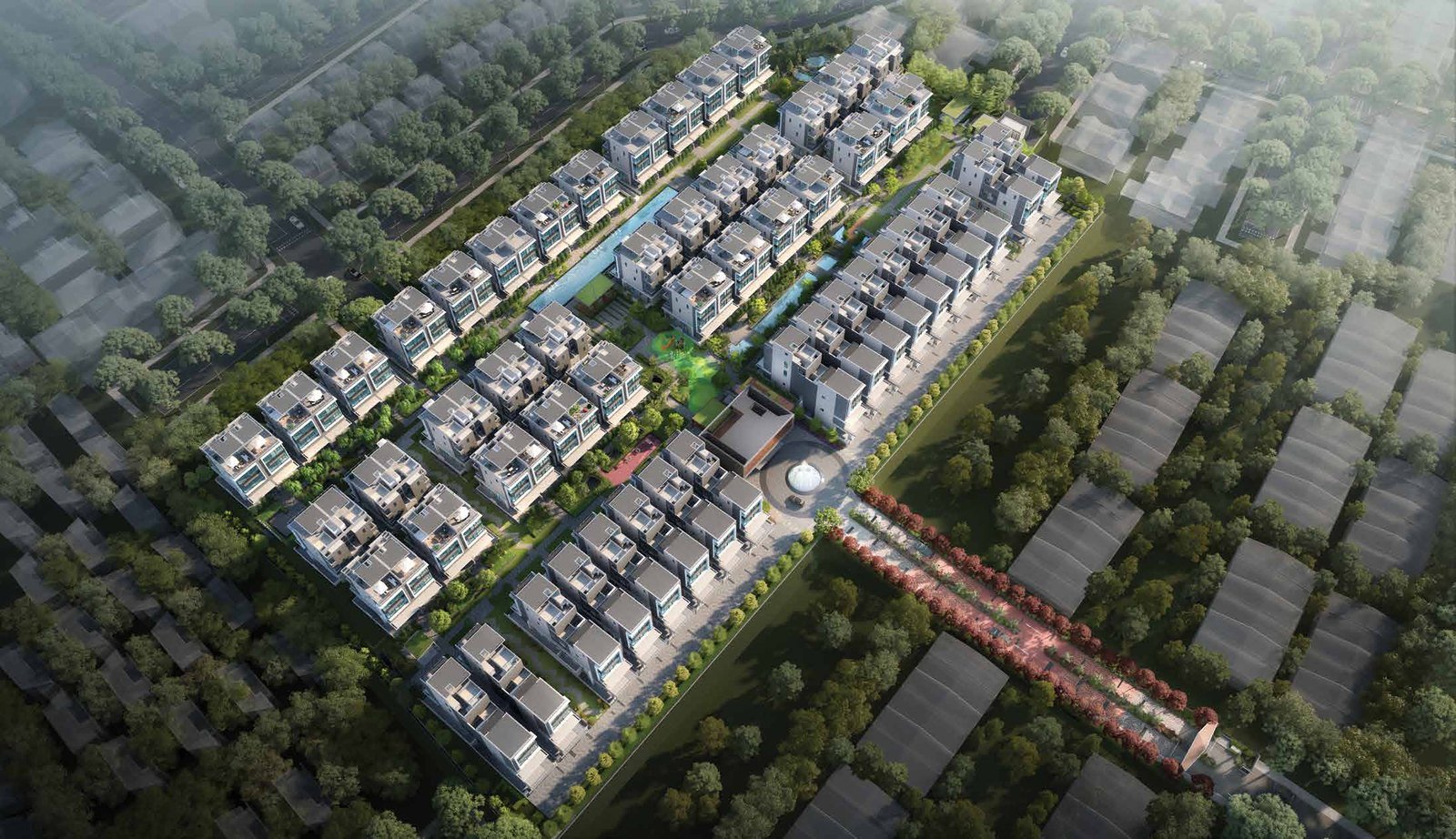 Belgravia Ace - the tree-lined boulevard through the estate, with the freehold strata semi-detached houses on either side