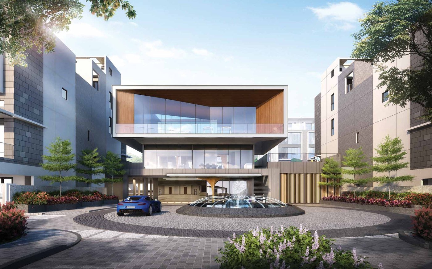 The three-storey clubhouse at Belgravia Ace seen across the roundabout water fountain at the grand drop-off, artist's impression