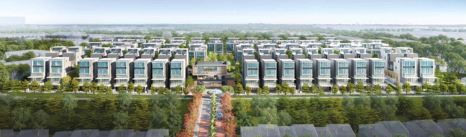 The Belgravia Ace estate seen along its length, the 100m tree-lined boulevard running between rows of strata semi-detached houses, artist's impression