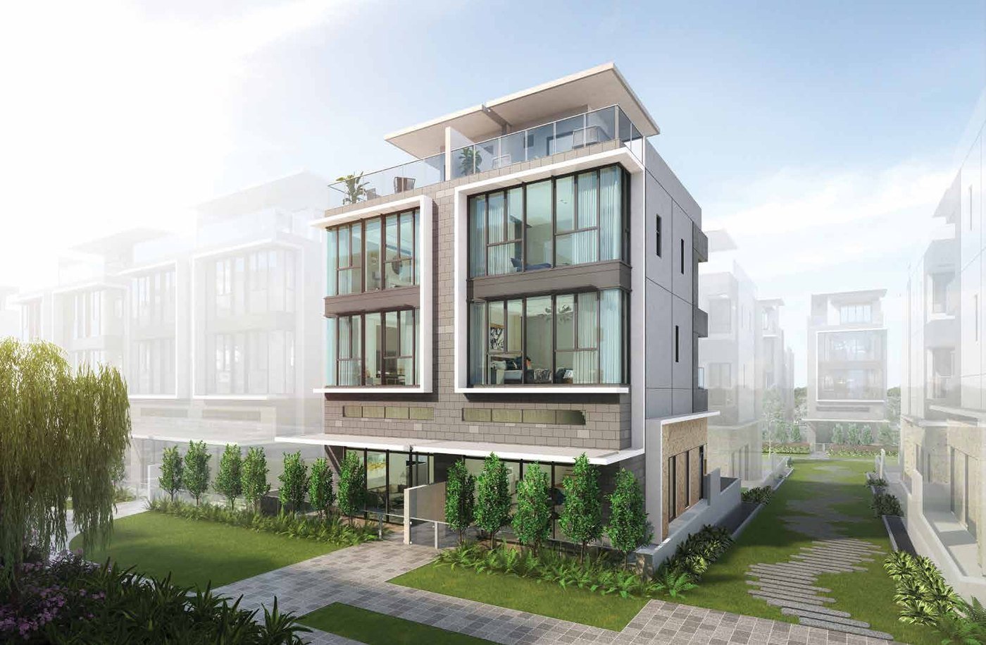 A Belgravia Ace house at dusk, the sleek fin frame wrapping the glass facade, artist's impression