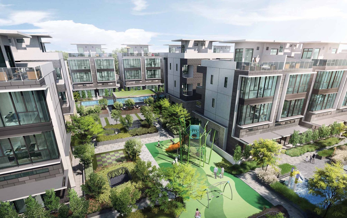 Belgravia Ace - the tree-lined boulevard through the estate, with the freehold strata semi-detached houses on either side