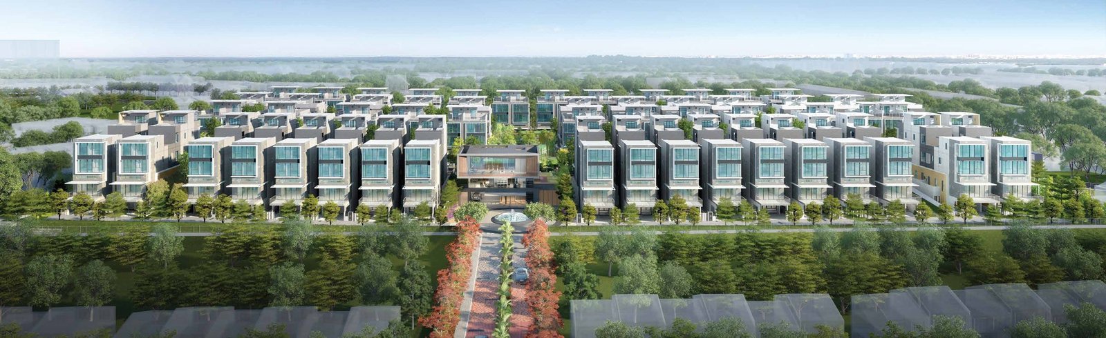 Belgravia Ace - the tree-lined boulevard through the estate, with the freehold strata semi-detached houses on either side