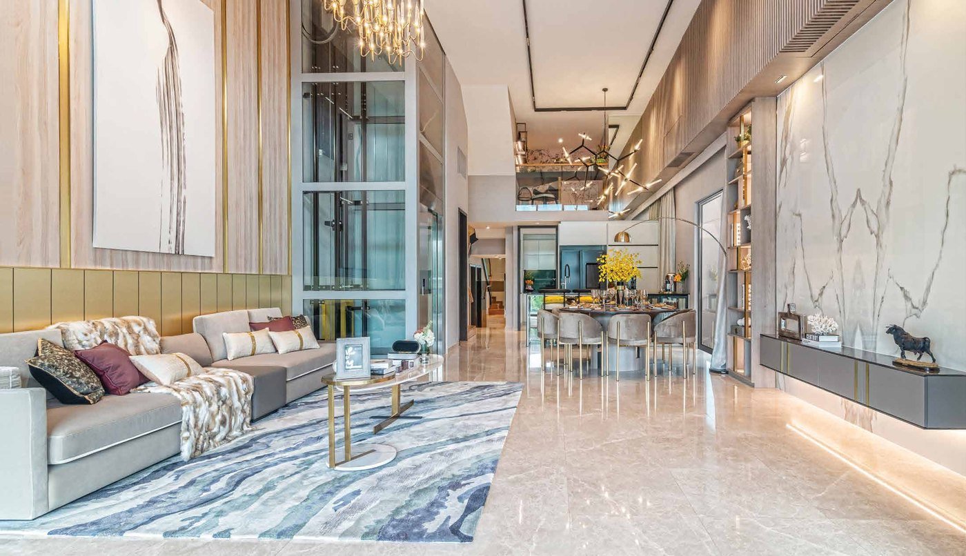 The living and dining area of a Belgravia Ace house, with the 4.59m ceiling and the full-height glass facade, artist's impression